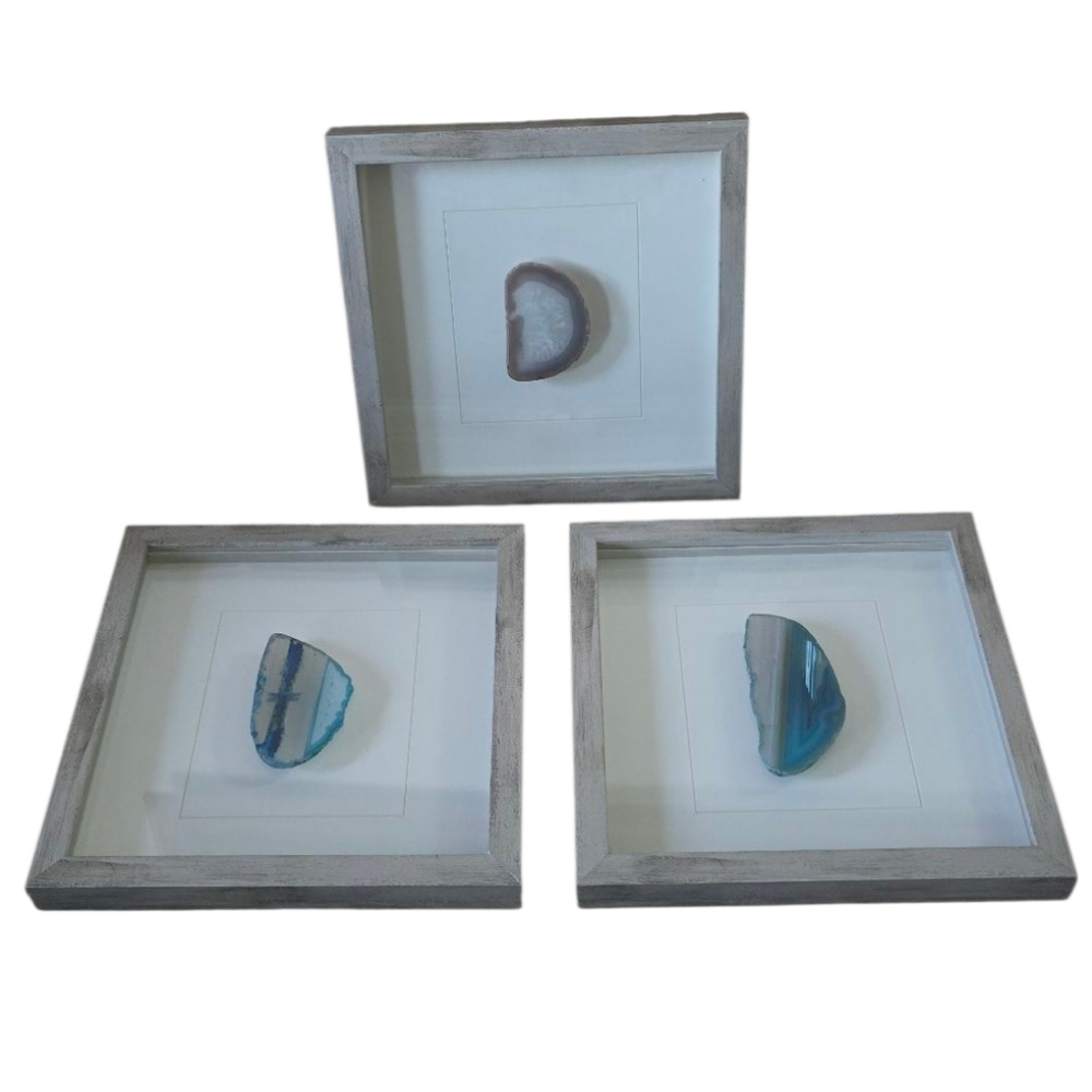 -Set- Natural Geode Agate Art Modern Decor Shadow Box Frame Glass Inlay Minerals